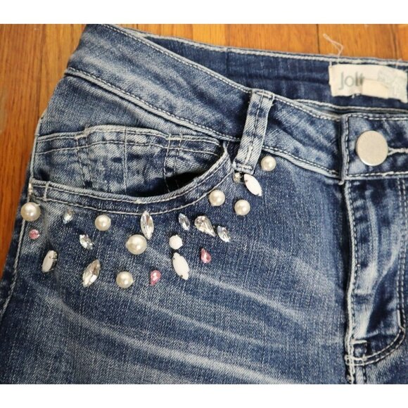 JOLT SKINNY JEANS W/ RHINESTONES & PEARLS - SIZE 3 /26 - DISTRESSED - Picture 4 of 9